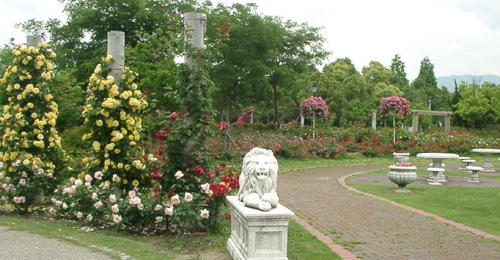 蜻蛉池公園のライオンと薔薇