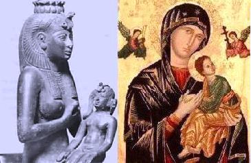 The image on the right is Our Lady of Perpetual Help, a famous mediaeval icon now in the public domain (and also is Image:Perpetual help original icon.jpg); the image on the left is a bronze Egyptian statue from the Ptolomeic era which is also in the public domain (as its copyright would have expired roughly 2500 years ago) currently housed in the Walters Art Gallery.